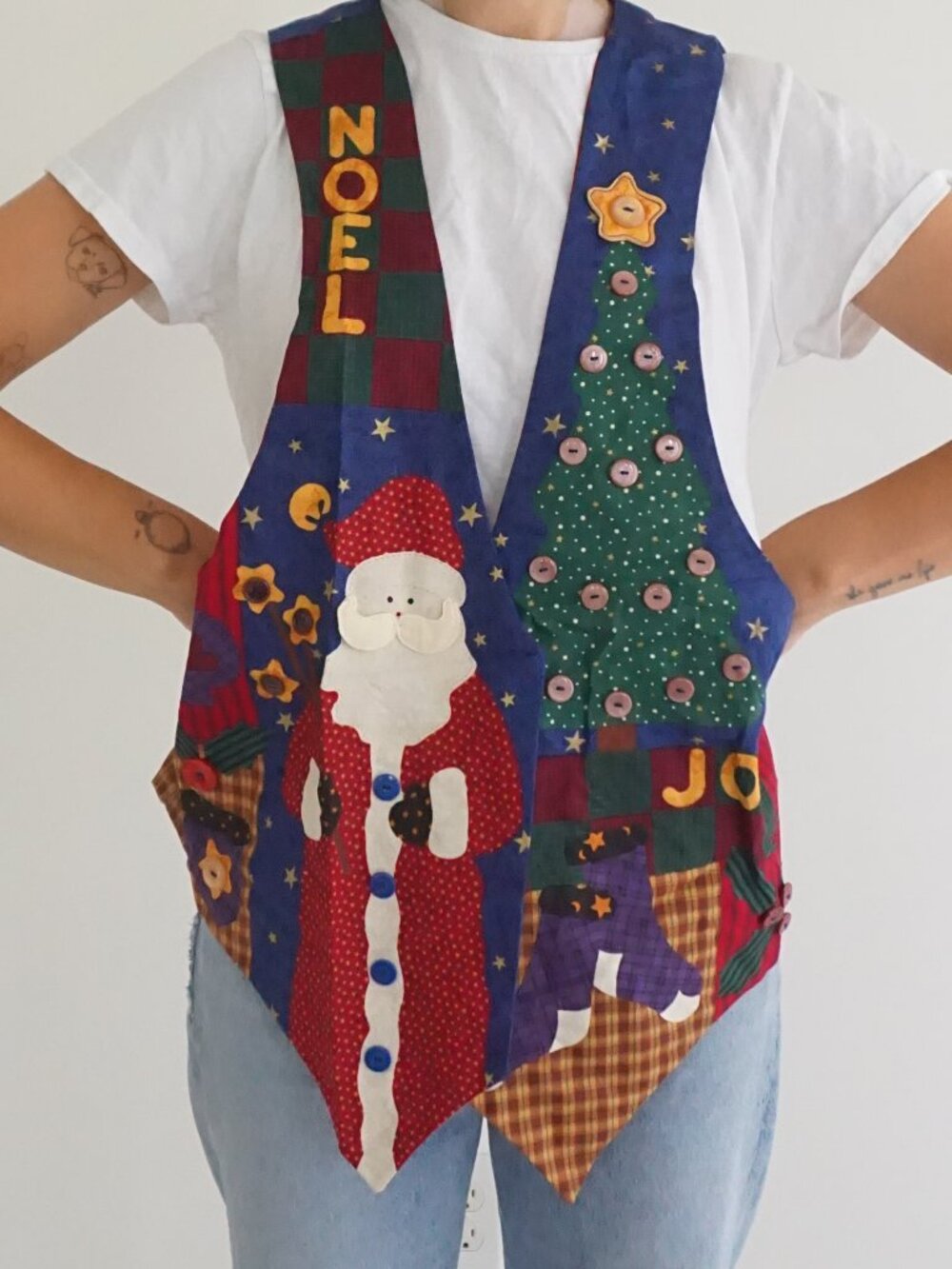 Vintage Red Santa Tree Noel Joy Patchwork Button Ugly Christmas Vest M